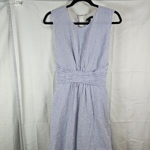 J Crew Seersucker Sleeveless Midi Dress Blue White Size 16 Belted Lined Cotton